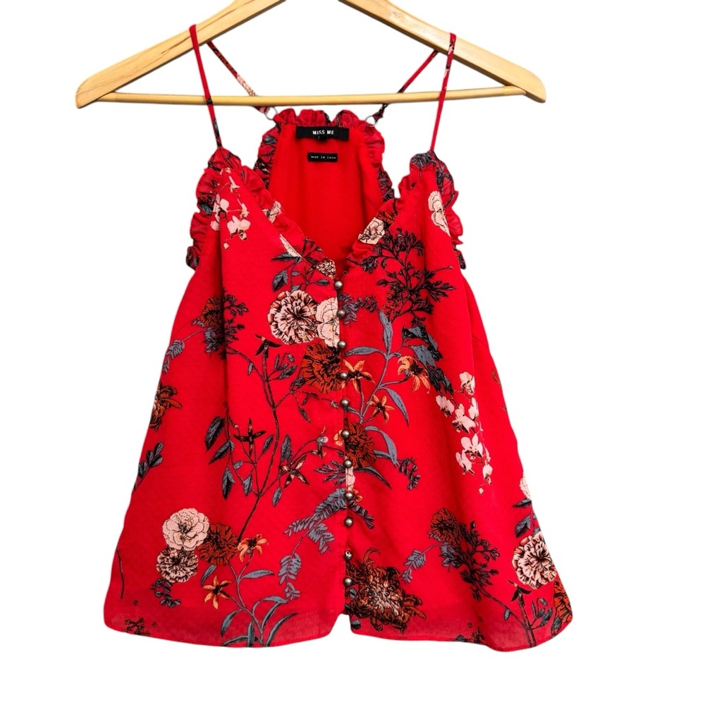 Miss Me Red Floral Ruffle Cami Top Y2K Button Front – Size Small